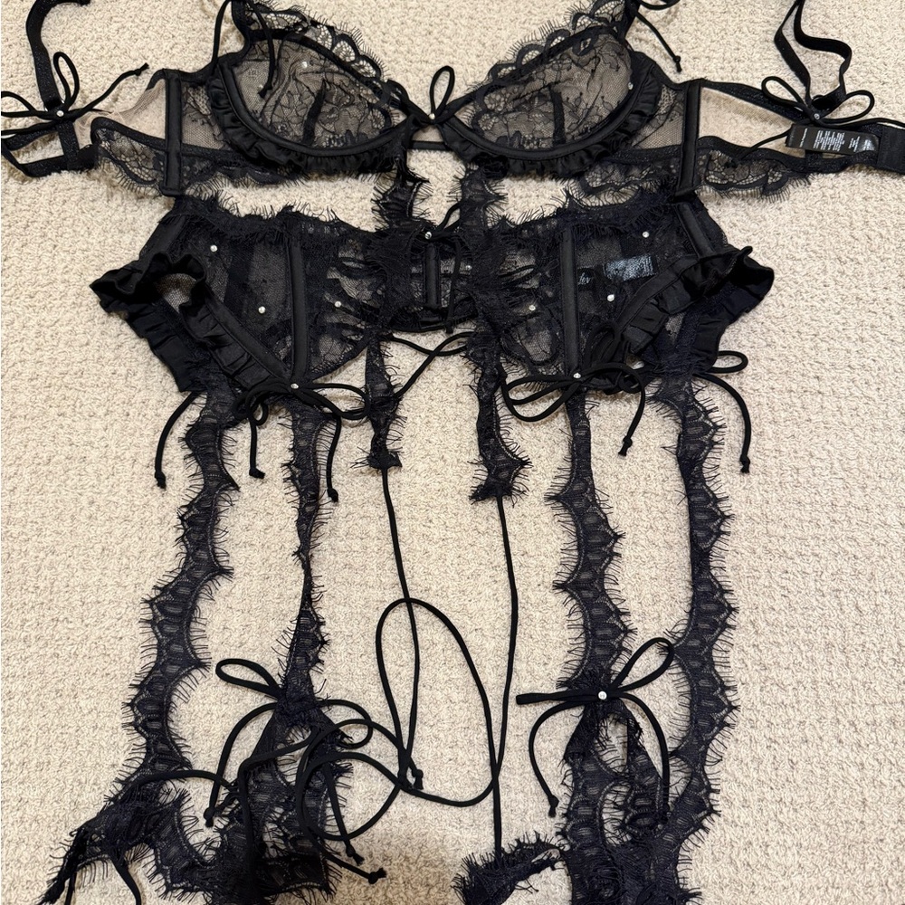 For Love & Lemons Black Sheer Lace Bra & Garter Set